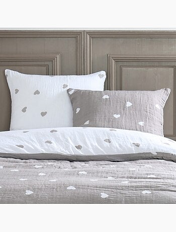 Housse de couette 2 personnes COEURS + 2 taies double gaze de coton