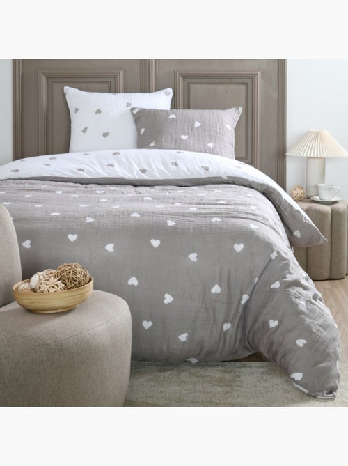 Housse de couette 2 personnes COEURS + 2 taies double gaze de coton - Kiabi