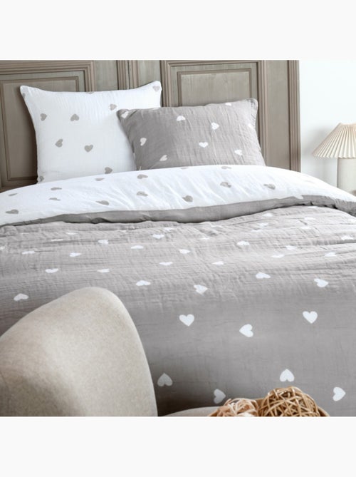 Housse de couette 2 personnes COEURS + 2 taies double gaze de coton - Kiabi