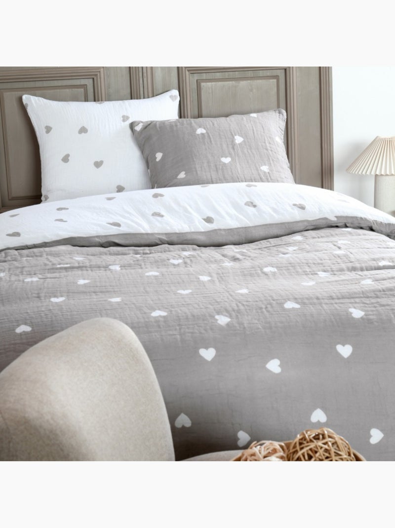 Housse de couette 2 personnes COEURS + 2 taies double gaze de coton Blanc - Kiabi