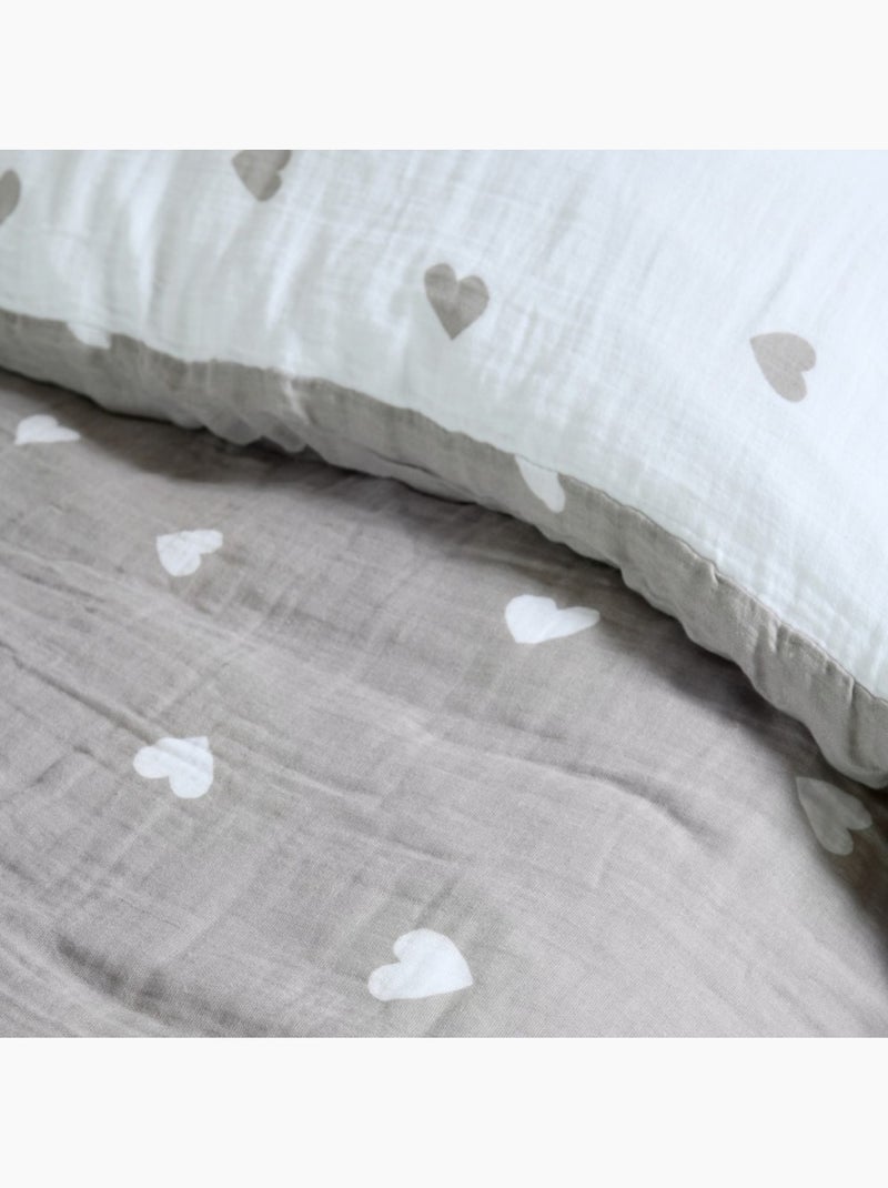 Housse de couette 2 personnes COEURS + 2 taies double gaze de coton Blanc - Kiabi
