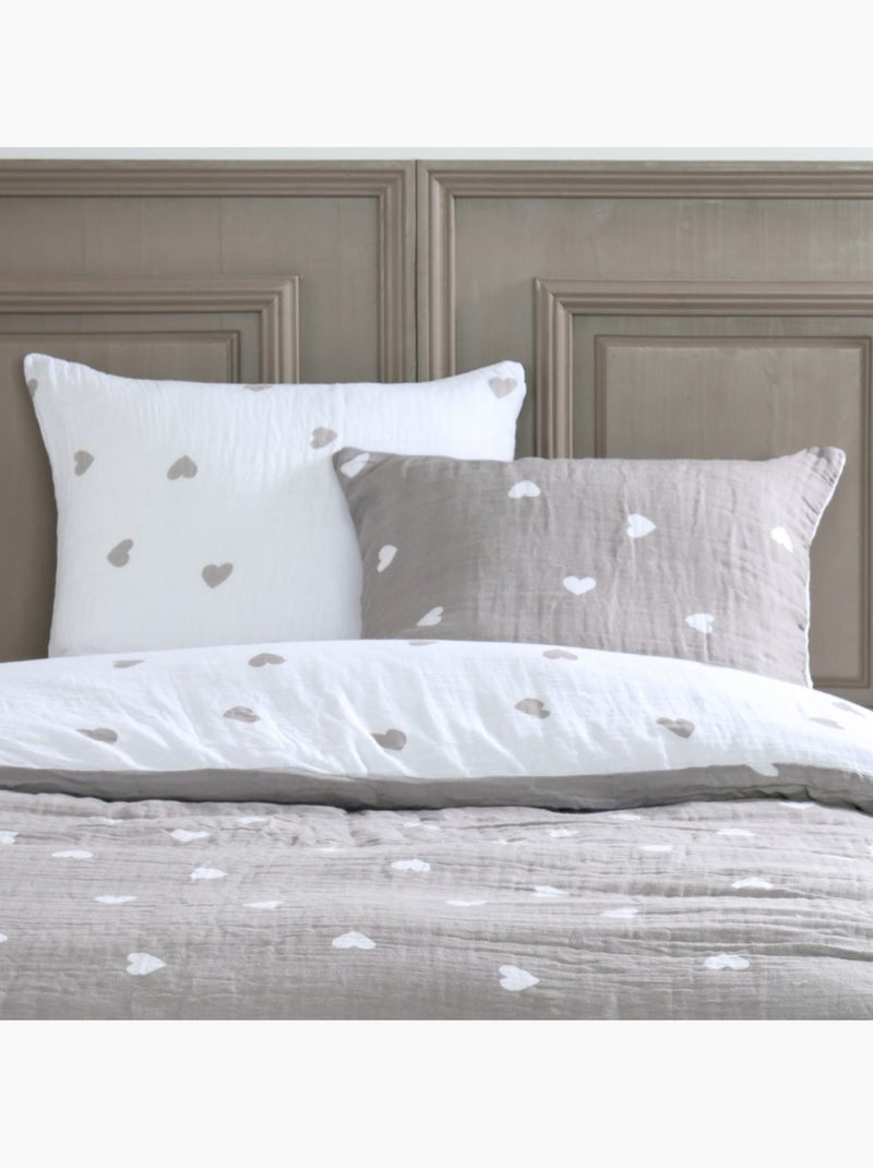 Housse de couette 2 personnes COEURS + 2 taies double gaze de coton Blanc - Kiabi