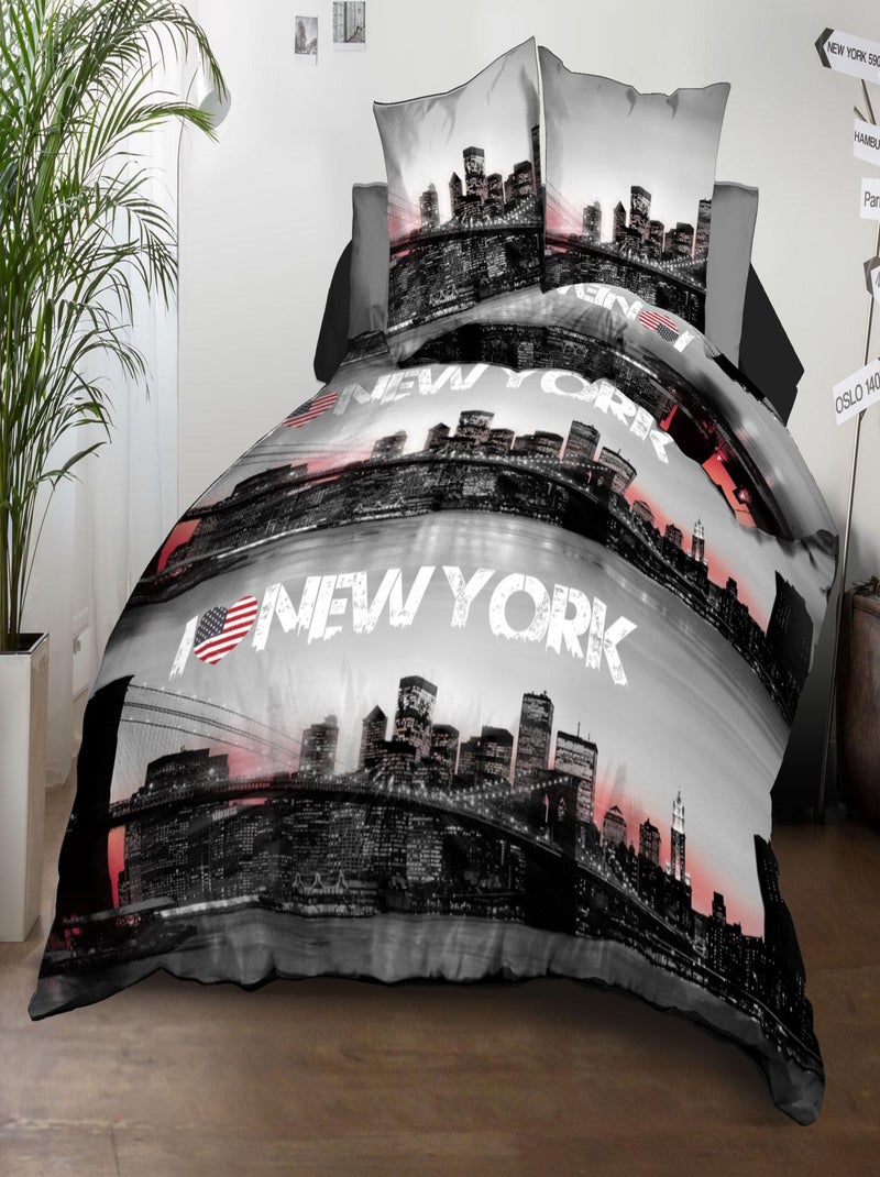 Housse de couette + 2 taies - Microfibre - New-York Noir - Kiabi