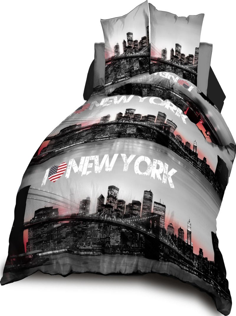 Housse de couette + 2 taies - Microfibre - New-York Noir - Kiabi