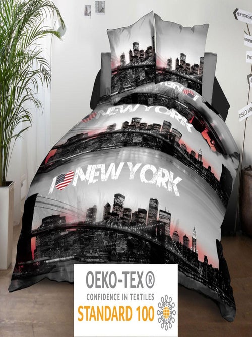 Housse de couette + 2 taies - Microfibre - New-York - Kiabi