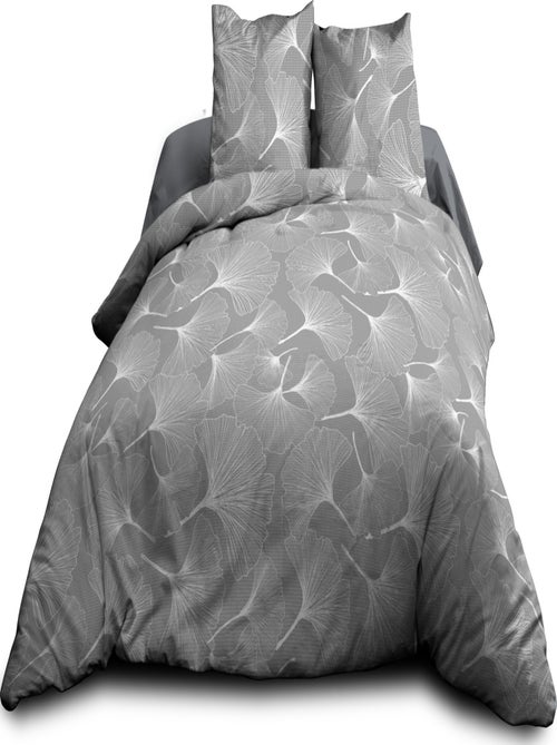 Housse de couette + 2 taies - Pur coton 57 fils - Biloba gris - Kiabi