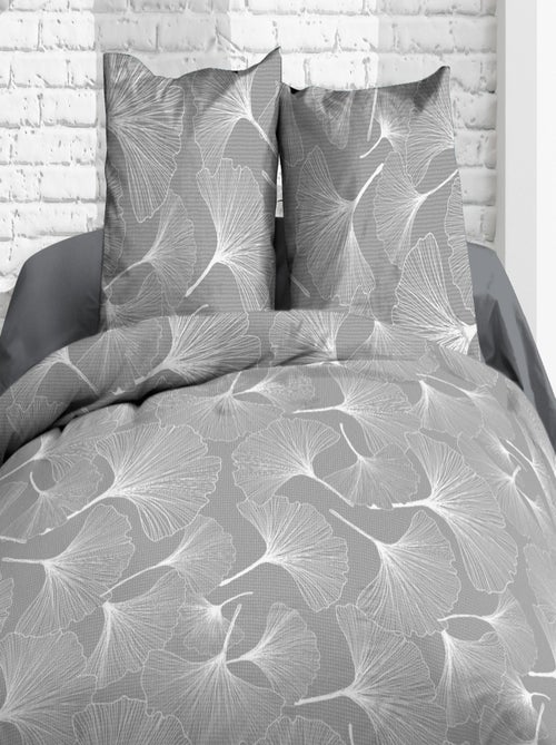 Housse de couette + 2 taies - Pur coton 57 fils - Biloba gris - Kiabi