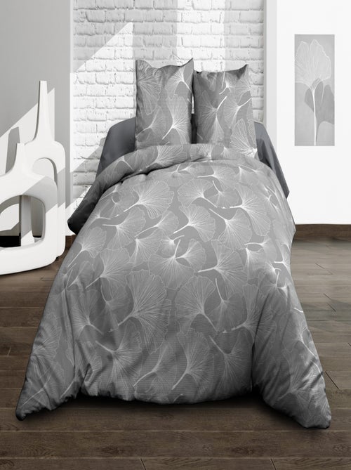 Housse de couette + 2 taies - Pur coton 57 fils - Biloba gris - Kiabi