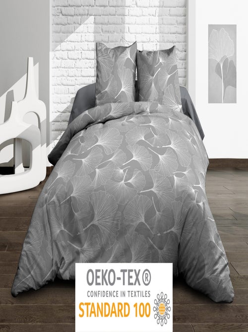 Housse de couette + 2 taies - Pur coton 57 fils - Biloba gris - Kiabi