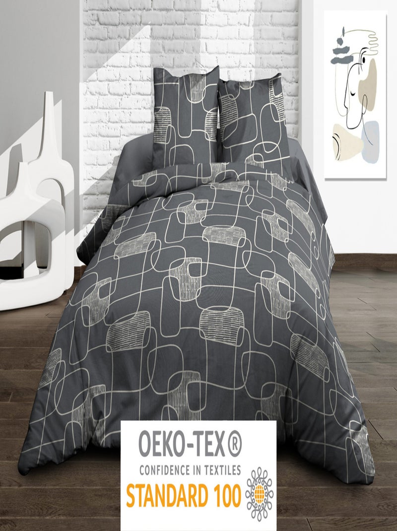 Housse de couette + 2 taies - Pur coton 57 fils - Linea Gris Ecru - Kiabi
