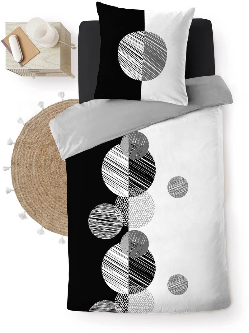 Housse de Couette + 2 Taies – 100 % Coton 57 Fils – Stormi Noir Blanc - Kiabi