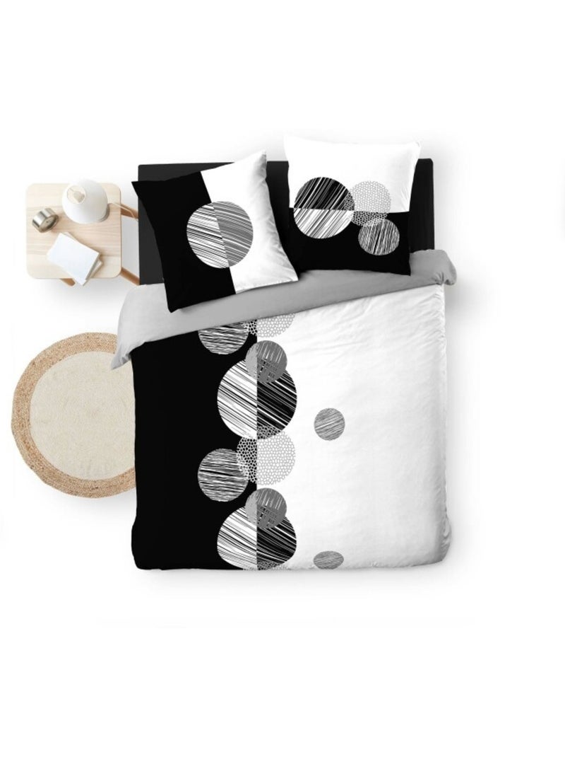 Housse de Couette + 2 Taies – 100 % Coton 57 Fils – Stormi Noir Blanc - Kiabi