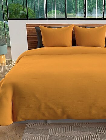Housse de couette + 2 taies 240 x 260 cm microfibre lavee Intemporel moutarde