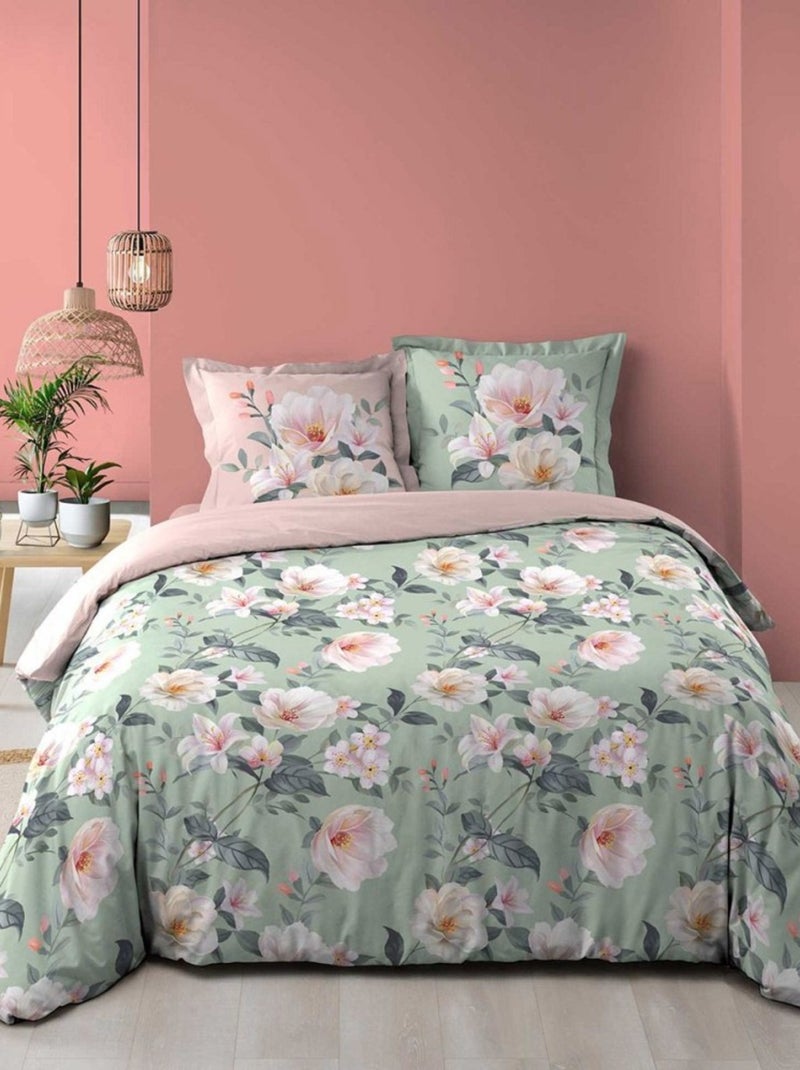 Housse de couette  + 2 taies Alissia coton 57 fils Vert - Kiabi