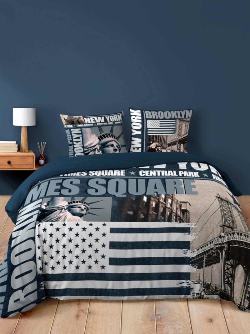 Housse de couette + 2 taies BROOKLYN 100% coton Bleu - Kiabi