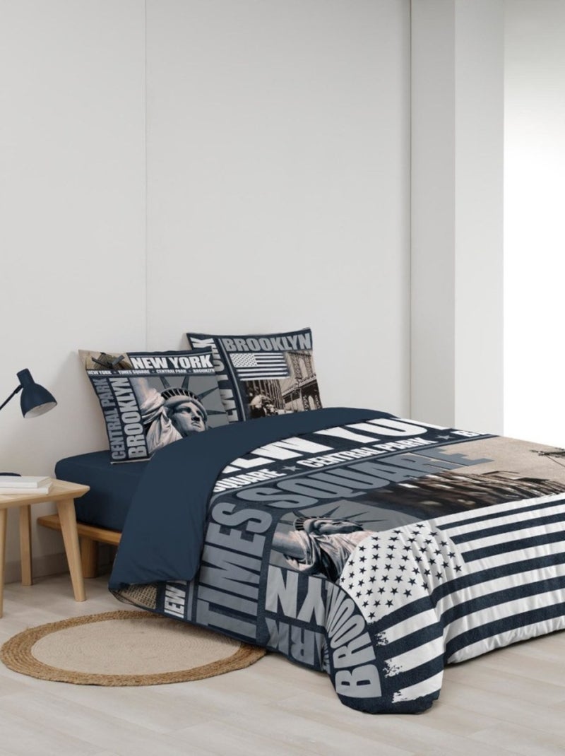 Housse de couette + 2 taies BROOKLYN 100% coton Bleu - Kiabi