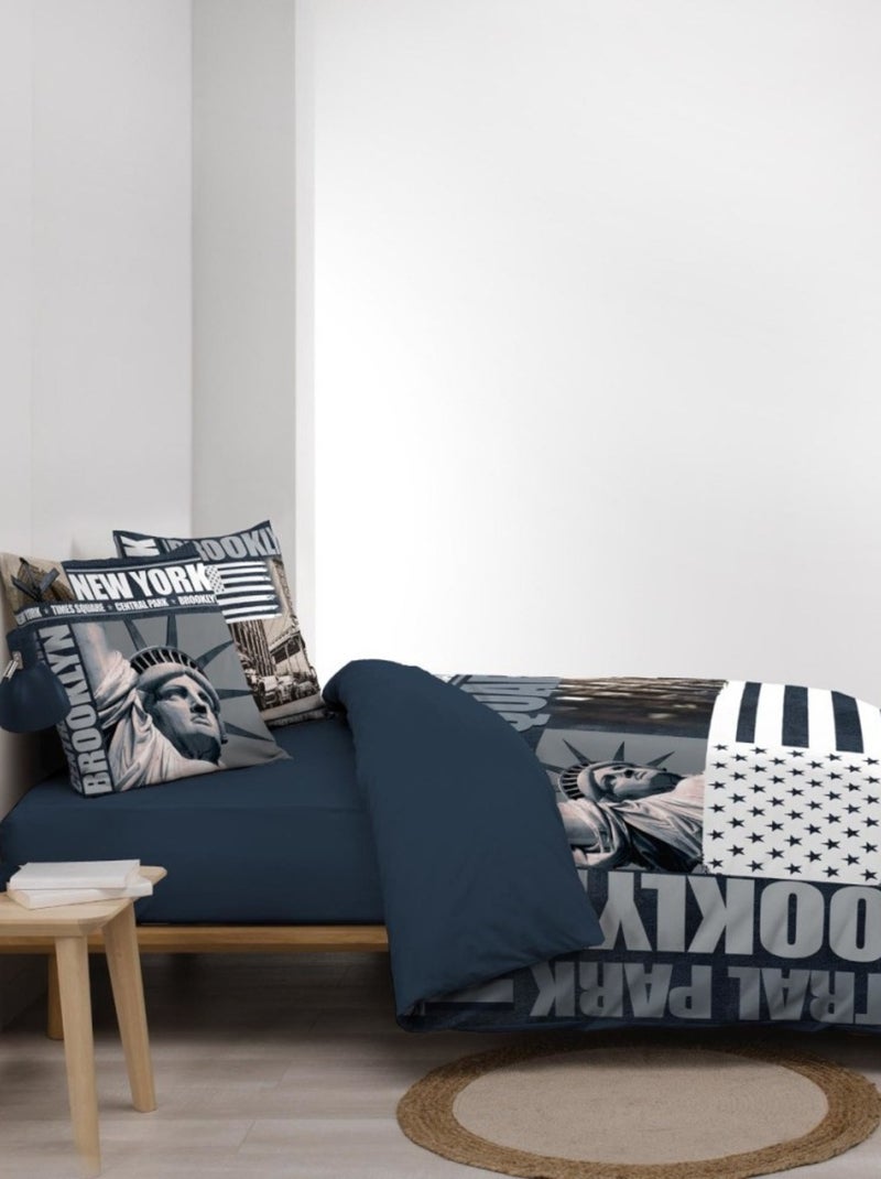 Housse de couette + 2 taies BROOKLYN 100% coton Bleu - Kiabi