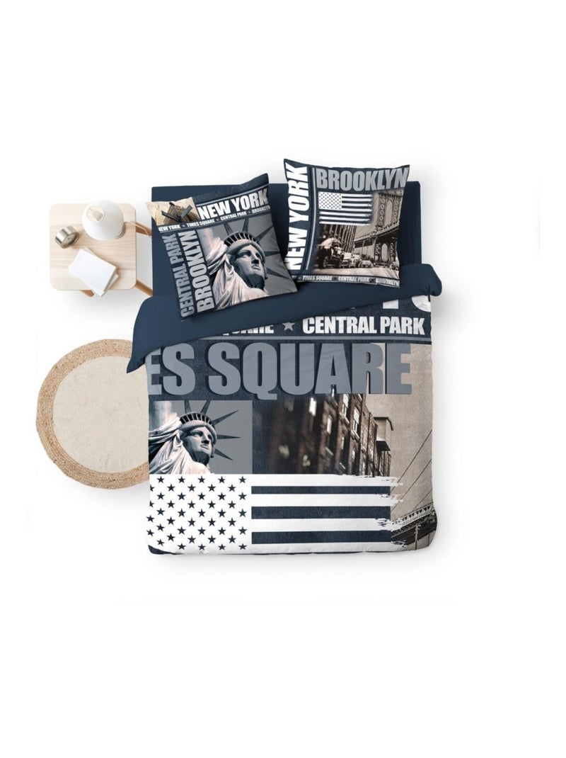 Housse de couette + 2 taies BROOKLYN 100% coton Bleu - Kiabi