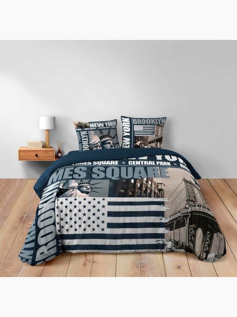 Housse de couette + 2 taies Brooklyn Bleu - Kiabi