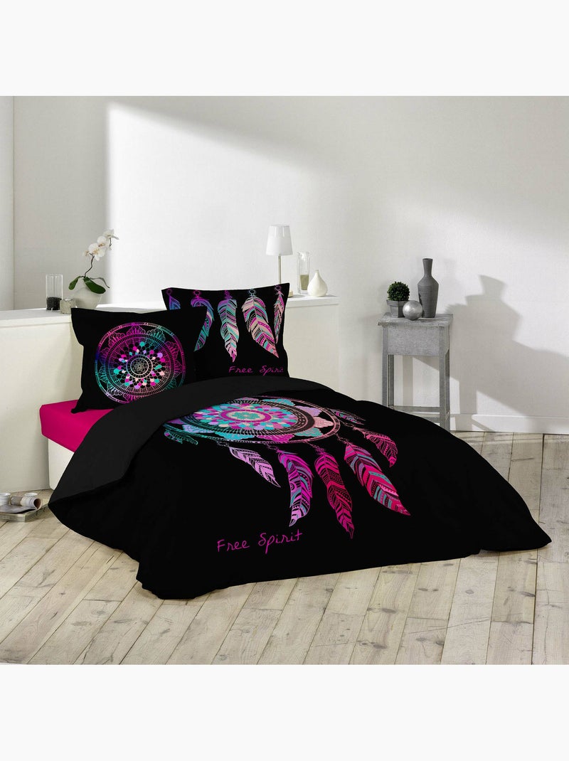 Housse de couette + 2 taies – Coton 42 fils – Imprimé placé Porte Bonheur Rose - Kiabi
