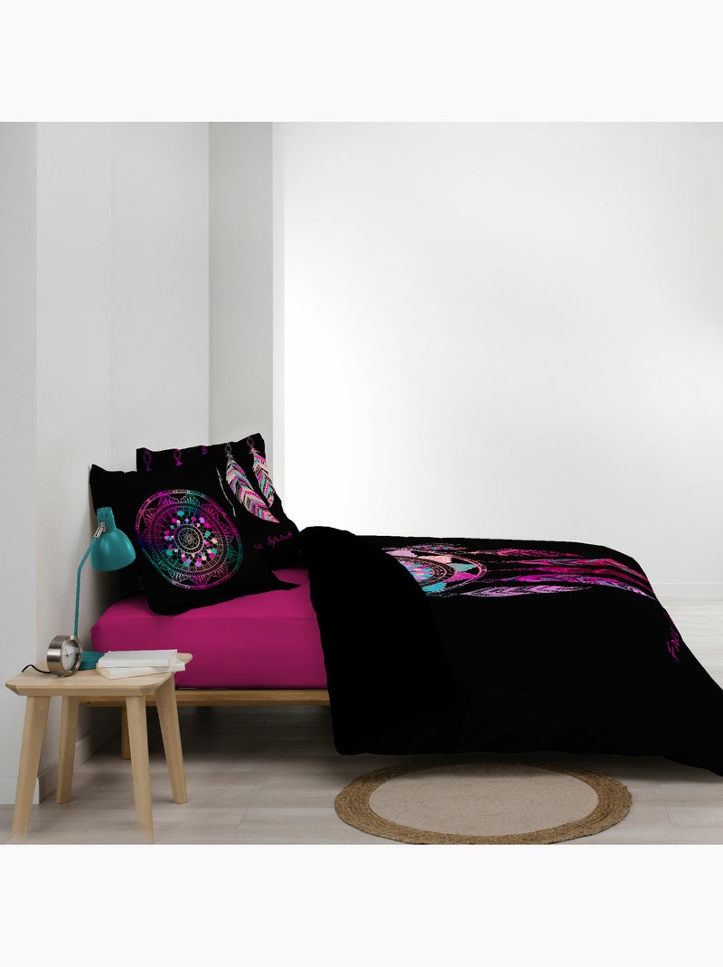 Housse de couette + 2 taies – Coton 42 fils – Imprimé placé Porte Bonheur Rose - Kiabi