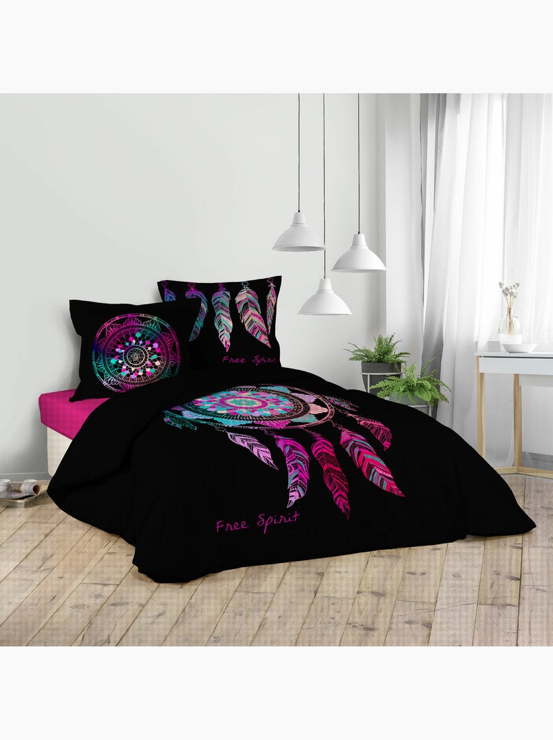 Housse de couette + 2 taies – Coton 42 fils – Imprimé placé Porte Bonheur Rose - Kiabi