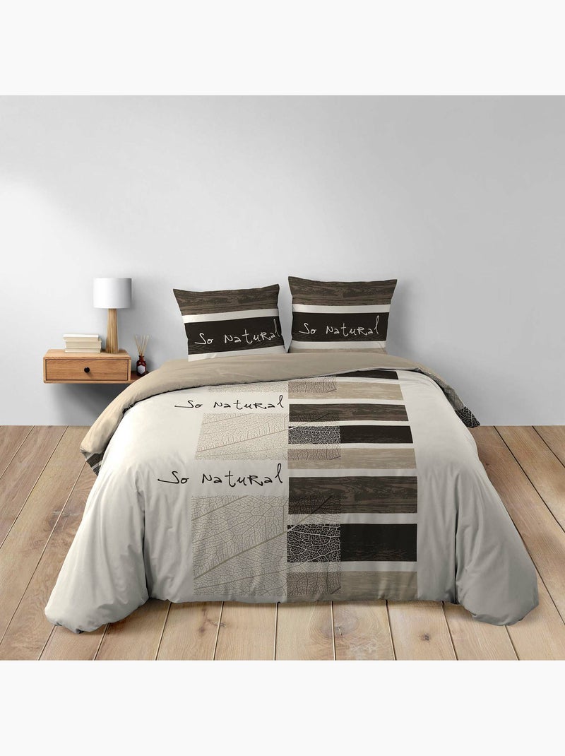 Housse de couette + 2 taies – Coton 42 fils – Motif So Natural Marron - Kiabi