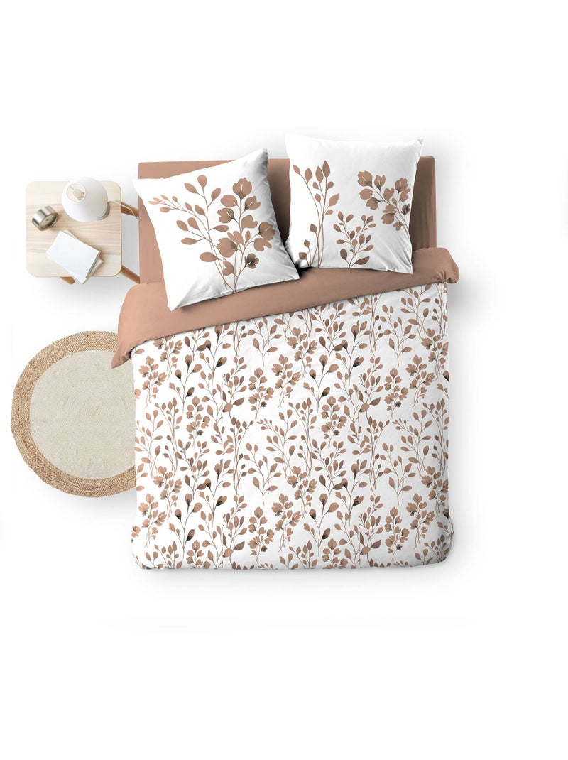 Housse de couette + 2 taies – Coton 57 fils – Imprimé végétal Moka - Kiabi