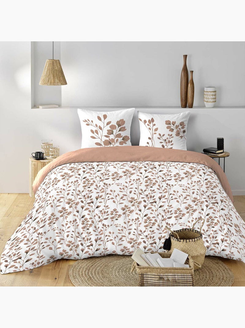 Housse de couette + 2 taies – Coton 57 fils – Imprimé végétal Moka - Kiabi