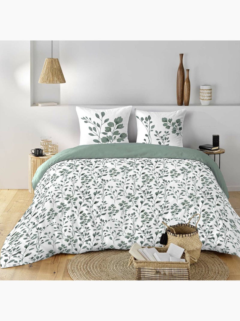 Housse de couette + 2 taies – Coton 57 fils – Imprimé végétal Vert Sauge - Kiabi