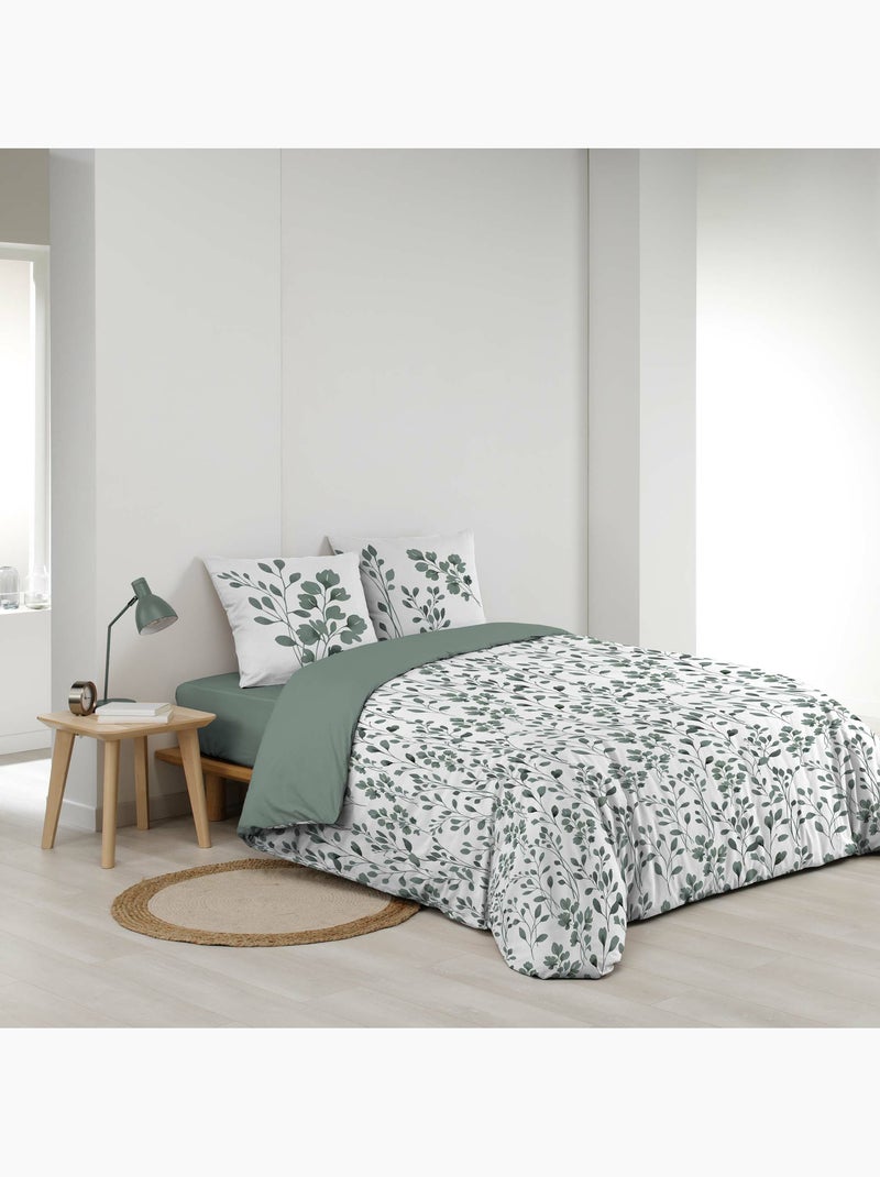 Housse de couette + 2 taies – Coton 57 fils – Imprimé végétal Vert Sauge - Kiabi
