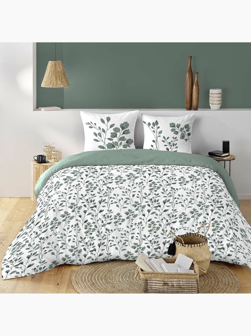 Housse de couette + 2 taies – Coton 57 fils – Imprimé végétal Vert Sauge - Kiabi