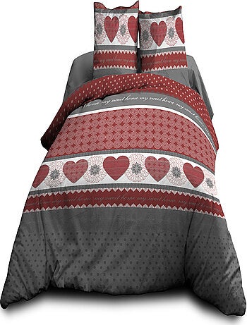 Housse de couette + 2 taies d'oreiller 63 x 63 cm - Pur coton 57 fils - Coeurs rouge