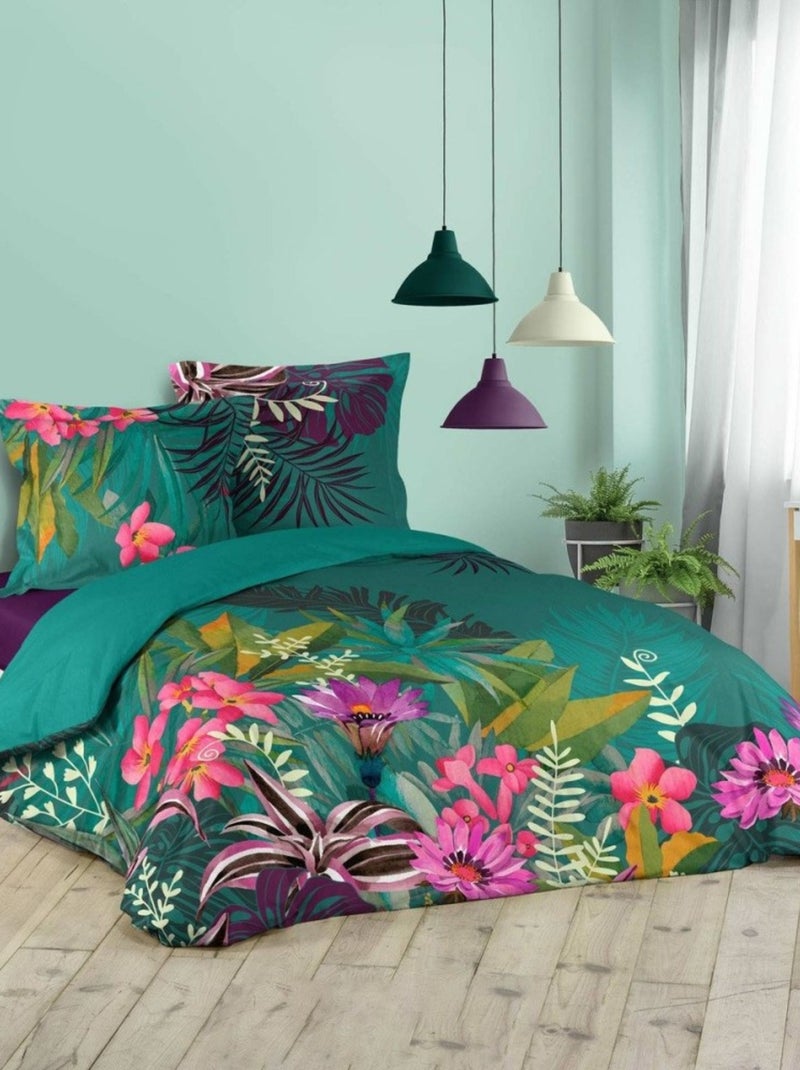 Housse de couette  + 2 taies Eden Flower coton Vert - Kiabi