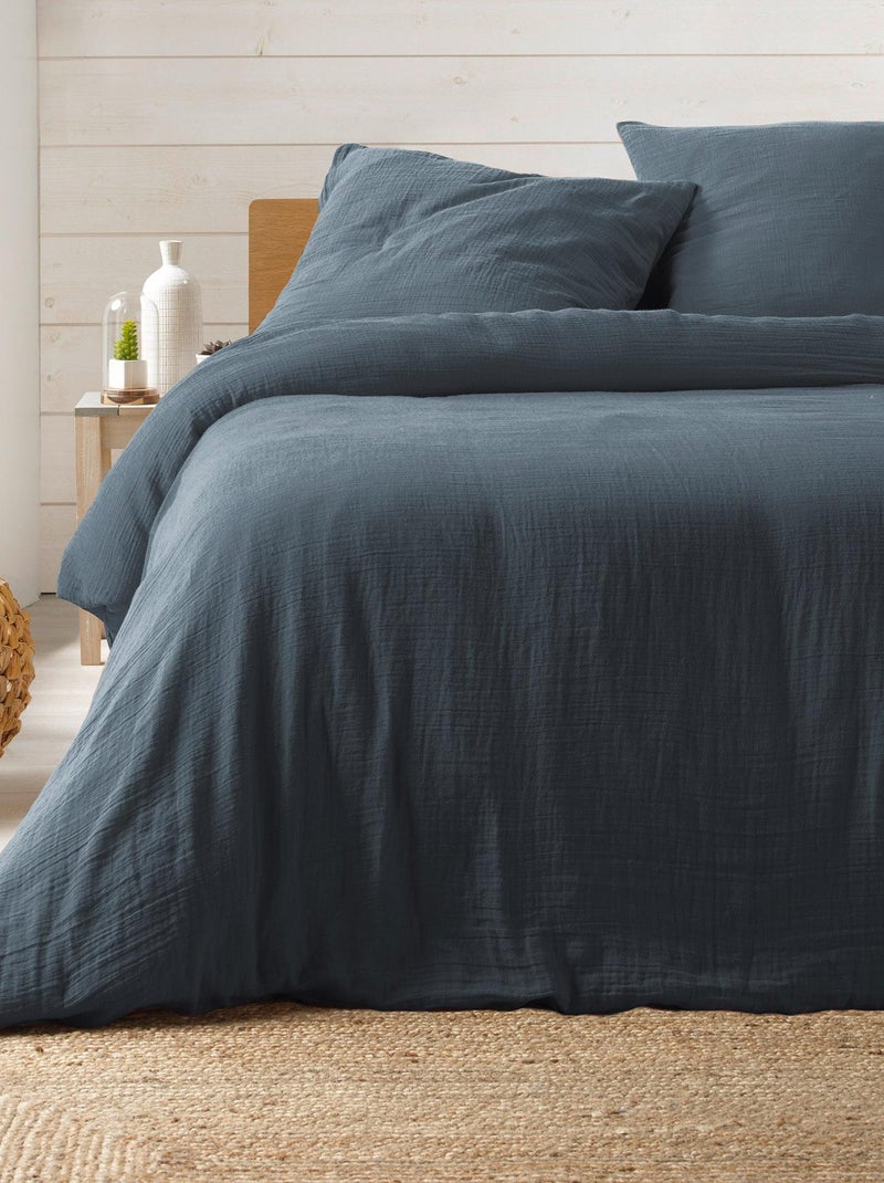 Housse de couette + 2 taies Gaze de coton Collection Couleurs Bleu - Kiabi