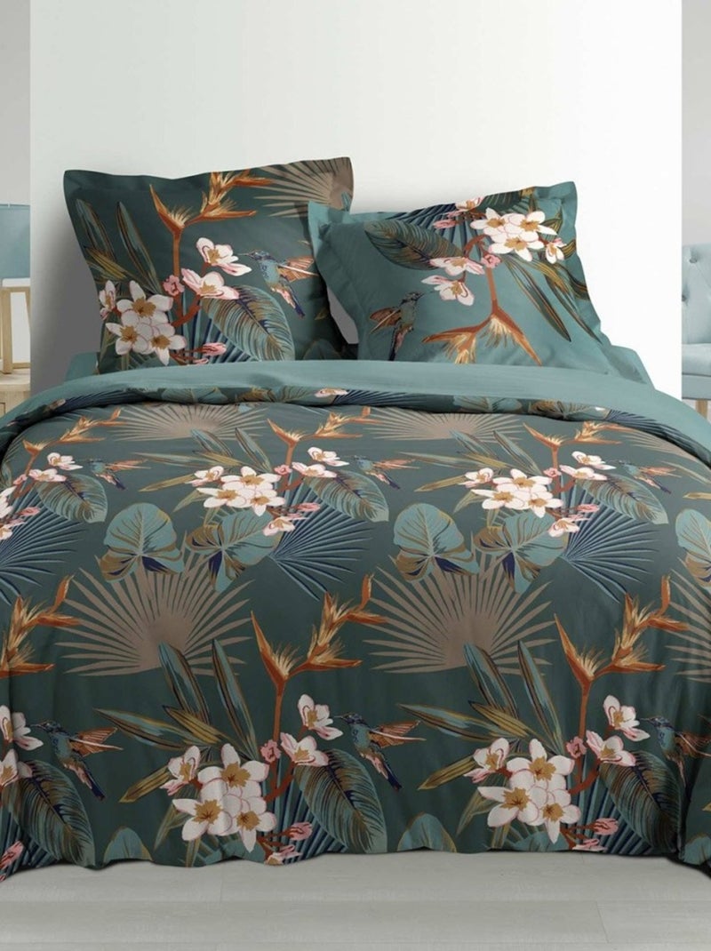 Housse de couette  + 2 taies Katalina coton percale 78 fils Vert - Kiabi