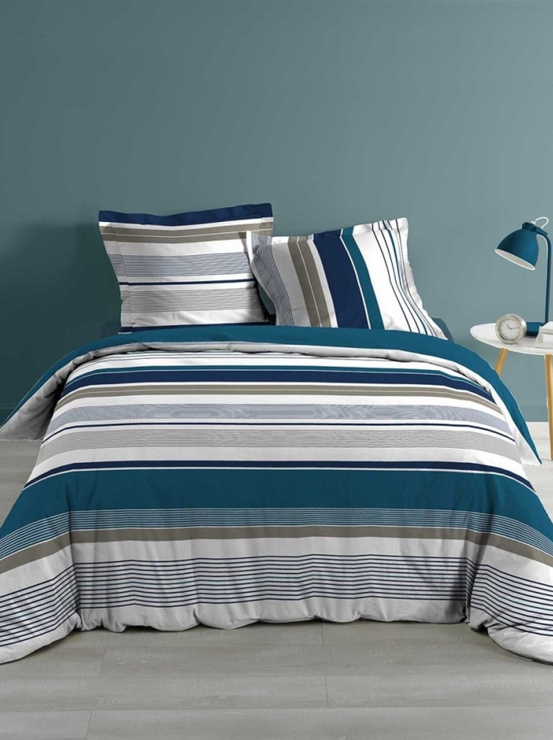 Housse de couette  + 2 taies Mariblue coton 57 fils Bleu - Kiabi