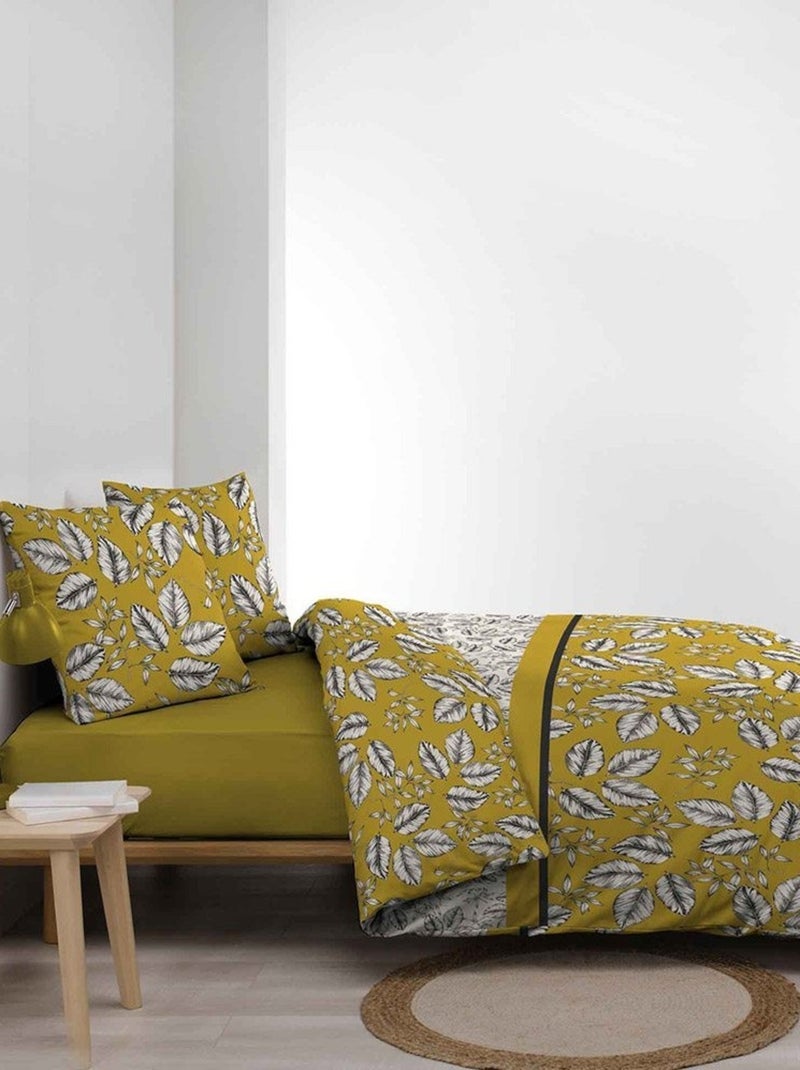Housse de couette  + 2 taies Marjolaine ocre coton 52 fils Jaune - Kiabi