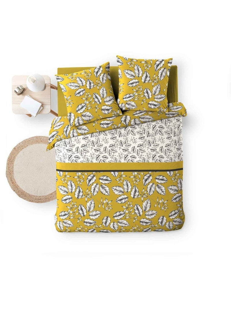 Housse de couette  + 2 taies Marjolaine ocre coton 52 fils Jaune - Kiabi
