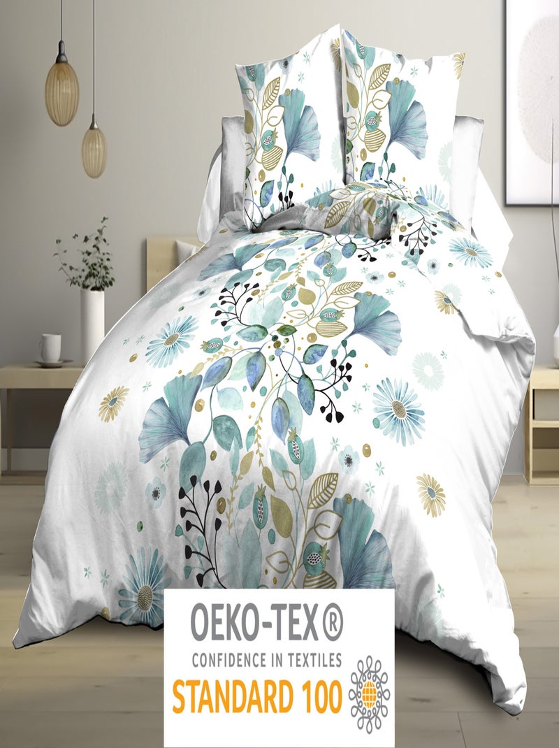 Housse de couette + 2 taies Microfibre - Entretien Facile - Bloom Bleu Beige Blanc - Kiabi