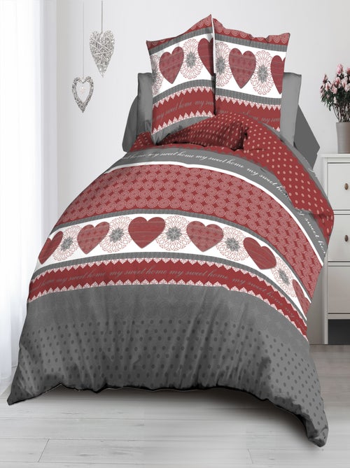 Housse de couette + 2 taies Microfibre - Entretien Facile - Coeurs rouge - Kiabi