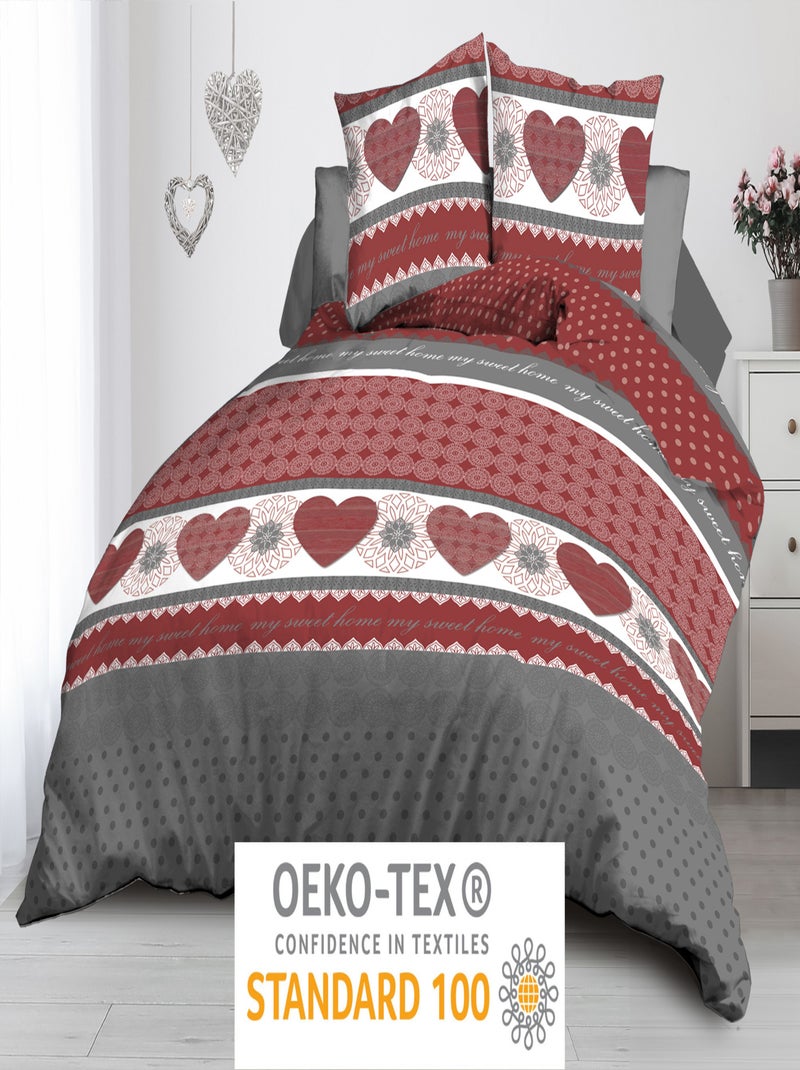 Housse de couette + 2 taies Microfibre - Entretien Facile - Coeurs rouge Gris Rouge - Kiabi