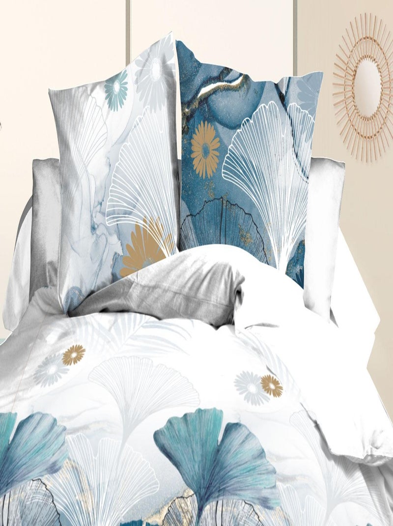 Housse de couette + 2 taies Microfibre - Entretien Facile - Ginko Bleu Doré Blanc - Kiabi