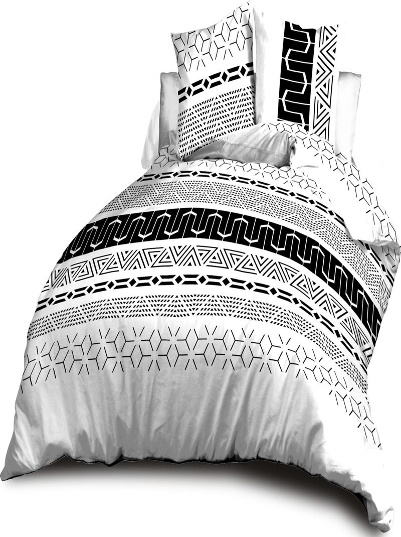 Housse de couette + 2 taies Microfibre - Entretien Facile - Graphic Noir Blanc - Kiabi