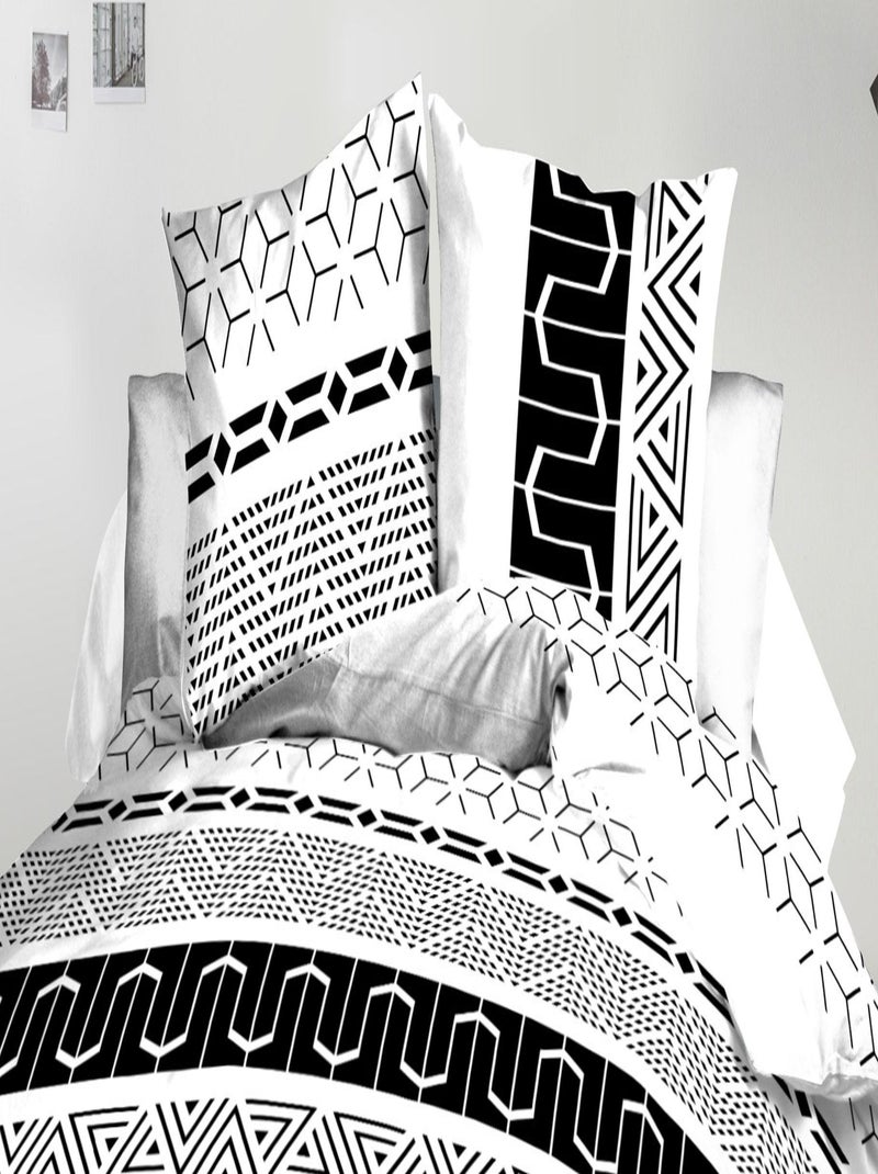 Housse de couette + 2 taies Microfibre - Entretien Facile - Graphic Noir Blanc - Kiabi
