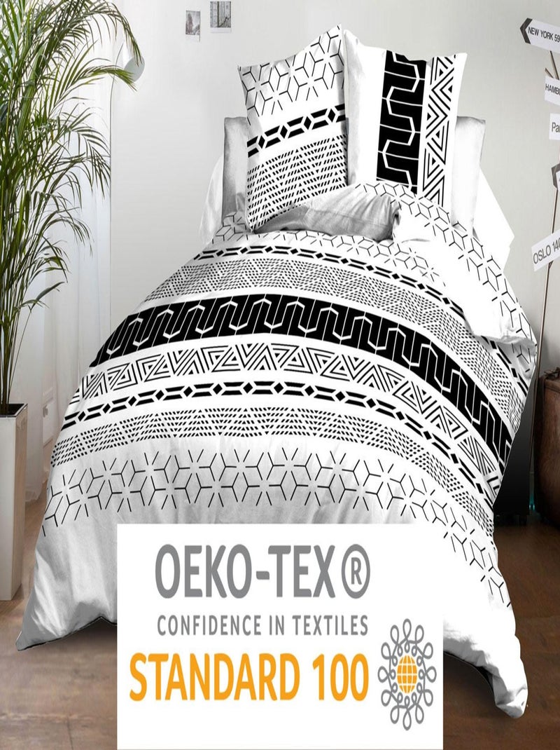 Housse de couette + 2 taies Microfibre - Entretien Facile - Graphic Noir Blanc - Kiabi