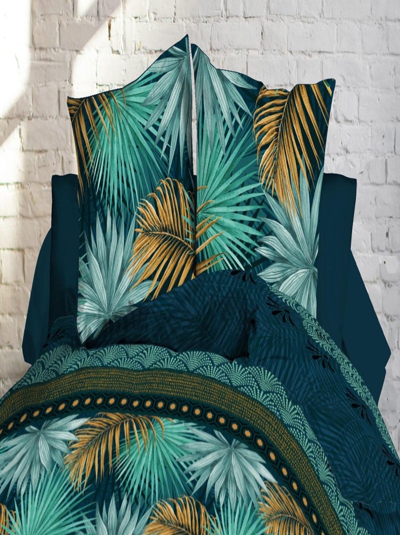 Housse de couette + 2 taies Microfibre - Entretien Facile - Paraiso Bleu Vert Bleu - Kiabi