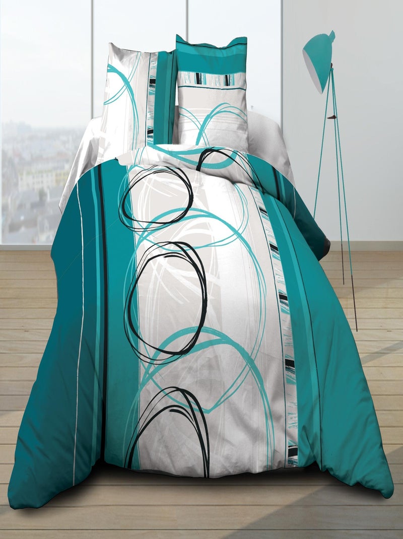 Housse de couette + 2 taies Pur coton 57 fils - Roue Libre Turquoise Bleu - Kiabi