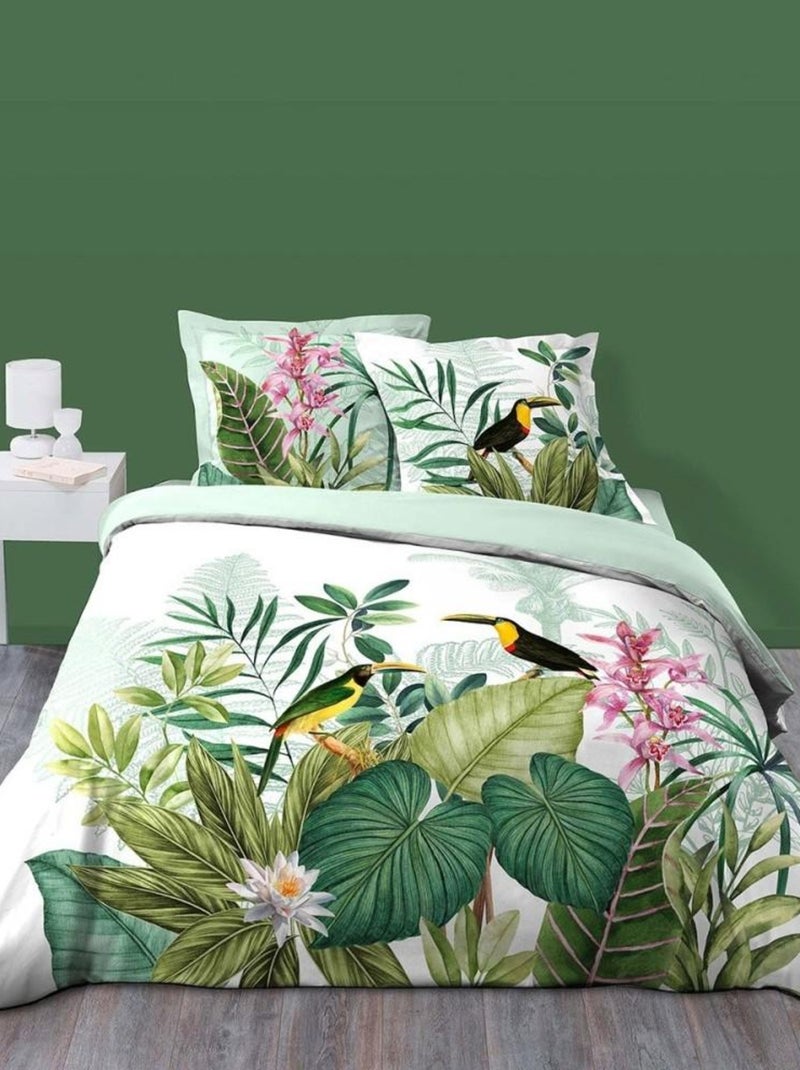 Housse de couette  + 2 taies Samoa coton 57 fils Vert - Kiabi