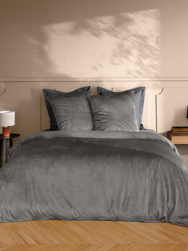 Housse de couette + 2 taies velours Veline gris anthracite - Kiabi